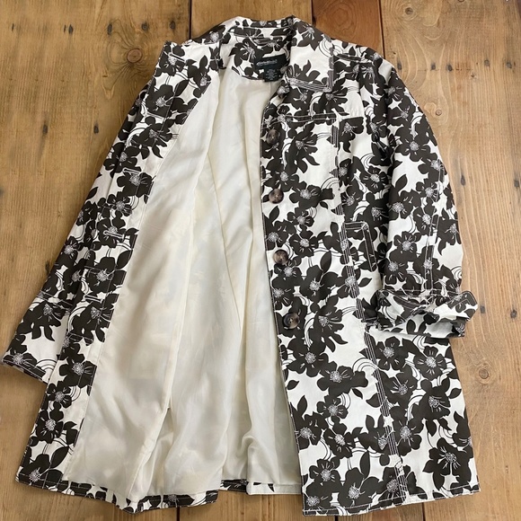 Eddie Bauer Brown and Cream Rain Coat Trench Jacket Floral Hibiscus - Picture 6 of 12